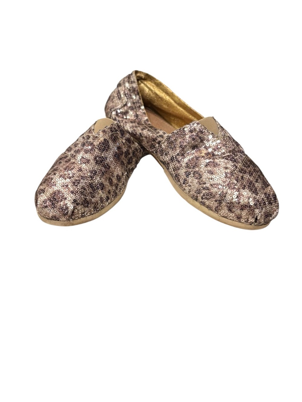 Toms Gold Shiny Sequin Leopard Print Slip-On Casual Comfy Everyday Flats sz 8.5
